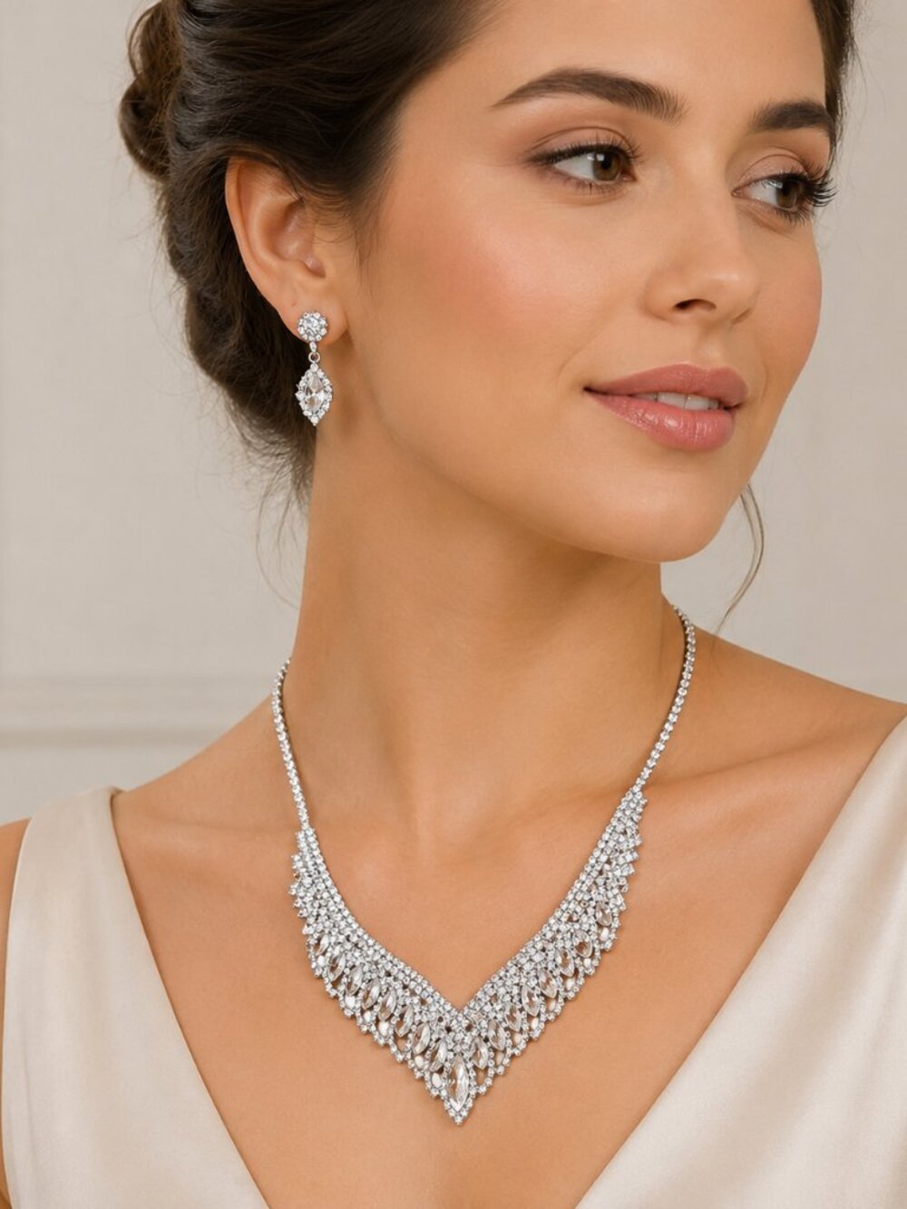 V-Shape Silver Toned Rhinestone Statement Necklace Earrings Set Teardrop Bling
